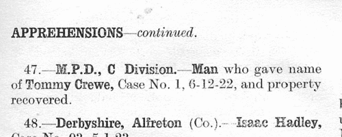 Apprehended by the police at Stockton-on-Tees in county Durham
 (1923)