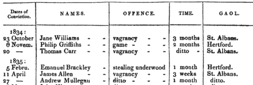 Minor offenders in Broxash hundred, Herefordshire
 (1834-1835)