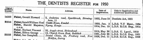 British Dentists and Directors of Dentistry Businesses
 (1950)