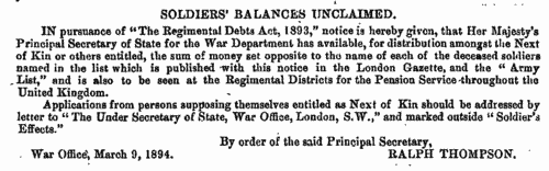Soldiers' Balances Unclaimed: List CCLXV
 (1894)