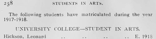 Durham University Matriculations: University College Students in Arts
 (1918)