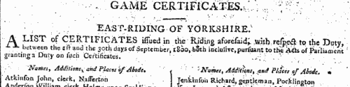 East Riding Game Certificates
 (1800)